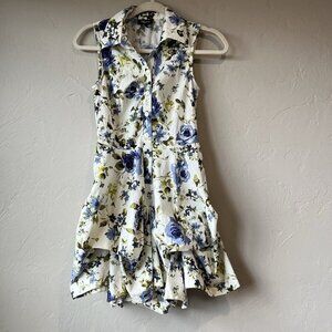 Vintage Y2K Bubble Hem Floral Dress Fairy Button‎ Collared Blue Rose Boho Preppy